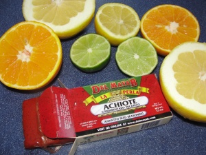 ingredients for achiote chicken w grapefruit, lime, lemon, orange and achiote del Maya